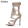 Toppkvalitet Etnisk Open Toe Rhinestone Design Högklackande Sandaler Kristall Ankelförpackning Diamant Gladiator Kvinnor Sandaler Svart Storlek 35-42