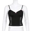 Sehen Sie durch Mesh gepatchte Y2K schwarze Camis Frauen Gothic Sommer ärmellose V-Ausschnitt Kawaii rosa Schleife Sexy Cami Top weiblich 210326