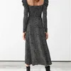 Frankreich Stil Polka Dot Print Schwarz High Side Slit Mittelkalb Kleid Retro Frauen Puff Langarm Saum Split Kleider 210429