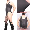 Men's Body Shapers Sleeveless Round Neck Elastic Faux PU Leather Bodysuit Tank Top Men Bodybuilding Fitness Clothing Jym Tanktop