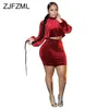Solid Velour Two Piece Sets Autumn Winter Clothes for Women Lantern Sleeve Velvet Crop Top and Bodycon Mini Skirt Matching Suits 211106