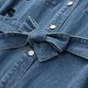 FANSILANEN Ceinture décontracté bleu denim veste manteaux Femmes surdimensionné vintage court jeans Printemps élégant poche femme cardigan 210607