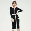 シングルブレスト韓国のエレガントな鉛筆の女性の春の長袖Oネックヴィンテージレディースファッションvestidos femme 210518