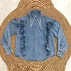 Women's Blouses & Shirts Women Beading Pointed Collar Denim Shirt Autumn Ruffle Single Breasted Sweet Blue Long Sleeve Office Ladies Tops 20