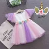 Gros Licorne enfant en bas âge filles fleur dentelle robe enfants arc-en-ciel couleurs tulle avec bandeau licorne beaux enfants soleil 210529