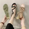 Sandalias planas de verano para mujer, zapatos de moda 2021, sandalias con decoración de diamantes y perlas, cremallera