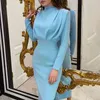New Fashion Solid Party Dress Women Elegant Stand Collar Pleated Slim Long Dresses Lady 2021 Autumn Spring Casual Commute Dress Y1212