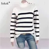 Szkzk preto e branco Striped Knit Camisola Botão Mulheres Pulôver Feminino Jumper Queda Inverno De Manga Longa Turtleneck Sexy Blandeers 211103