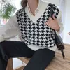 Vintage Houndstooth Stickad Sweater Vest Kvinnor Ärmlös V-Neck Tops Korean Fashion Ladies Pullover Höst 210513