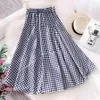 Qooth Plaid Skirts Women's Summer Beach Long Skirt High Elastic Waist Big Hem Plaid Flare Skirt Cotton Blend Women Jupe QH2301 210518