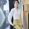 Pink V Neck Shirt Women Autumn Lace Puff Sleeve High-End Fashion Temperament Design Silk Blouses Office Ladies Formal Work Tops 210323