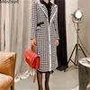 Korece Kore Houndsthooth Yün Uzun Coat Ceket Kadın Kol Çentikli Yaka Kuşaklı Moda Vintage Dış Giyim Palto 210513