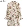 Vintage pradaria chique cópia floral vestido mulheres pescoço alto manga longa chiffon chiffon curto robe femme 210514