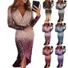 Casual Dresses Plus Size Women Shiny Gradient Sequin Long-Sleeve V Neck mode Oregelbundet Evening Party Dress Ladies Gown2864