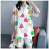 Schattige pyjama sets vrouwen mannen big size print geometrische 3 stuks set tops korte mouw + shorts elastische taille + Blinder losse S98191 210622