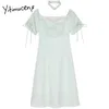 Yitimuceng Plaid Shirring jurk voor vrouwen A-lijn Solid Spring Korte Mouw Hoge Wais Slash Neck Korean Clothes Office Lady 210601