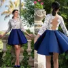 Tanie Białe Top Royal Blue Spódnica Sukienki Homecoming Sheer Z Długim Rękawem Krótkie Suknie Koktajl Dress Country Druhna Dress Plus Size