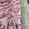 Neploe Retro Gentil Ruffled Fishtail Dress Mulheres Slow Sleeve Slim Cintura Moda Robe V-Pescoço Impressão Floral Chiffon Vestido Mujer Y0726