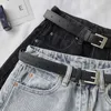 Summer Women Hole jeans preto de jeans altos com cinto de cinto Casual Cores sólidos Jeans azuis desgastados 210714