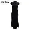 Przypadkowe sukienki Kobiety Retro Jesień Zima Z Długim Rękawem Bodycon Velvet Open Fork Split Black Qipao Chinese Dress 2022 Spadek