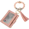 Fashion PU Leather Bracelet Wallet Keychain Party Favor Tassels Bangle Key Ring Holder Card Bag Silicone Beaded Wristlet Keychains LLF14008