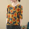 Johnature Summer Knitted Women Clothes Vintage Koszulki Kwiaty Pół Rękaw Loose Casual Kobieta T-shirt V-Neck Tops 210521