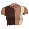 Kvinnors T-shirt 2021 Kvinnor Sommar Brown Harajuku Hål Frill Patchwork O-Neck Casual Sexy Short Sleeve Crop Top Slim Fashion Streetwear