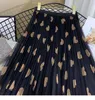 High waist pleated skirt women autumn winter Korean love mesh print Vintage long yarn woman s 210619