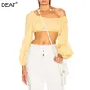 [DEAT] Spring Fashion Lantern Sleeve Slash Neck Tops Solid Färg Knä-längd Kjolar Kvinnor Tvådelad kostym 13q266 210527