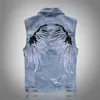 Men's Ripped Denim Vests With Wings Embroidery Hi Street Distressed Denim Sleeveless Jacket Waistcoat Plus Size M-5XL 211104