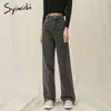 Syiwidii ​​hög midja jeans för kvinnor denim joggers byxor mamma byxor spets upp knapp full längd rak mode grå 211129