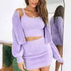 sleeveless knitted purple dress women autumn winter 2 pieces sets bodycon short mini fluffy vestidos 210427