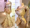 Złote Koronki Aso Ebi Suknie Wieczorowe Długie Rękawy Sheer O-Neck Syrenka Kobiety Korowód Suknie Organza Ruffles Prom Dress 2021