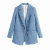 Tweed Femmes Vintage Blue Blazers Mode Dames Élégant Épais Blazer Vestes Casual Femelle Costume Lâche Filles Chic Veste 210427
