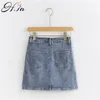 HSA Summer Woman Myed Mini Denim Spódnica Heart Haft Kobieta Wysoka Talia Elastyczna Bodycon Hip Saia Jea 210430