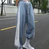 Blanc Bleu Contraste Lâche Jogging Pantalon Femmes Taille Haute Cordon Pantalon Casual Femme Coréen Streetwear 211118