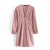 Sweet women solid pink dresses autumn fashion ladies lace v-neck elegant female button girls chic vestidos 210427