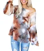 Fall Casual O Neck Tie Dye Långärmad Kvinnor T-shirt Sexig Tillbaka Kors Hollow Out Top Loose Gradient Contrast Mujer 210522