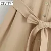 Zevity Femmes Simplement Couleur Solide Chemise Chemise Robe Bureau Dame À Manches Courtes Bow Tie Ceintures Robes Parti Midi Robes DS4200 210603