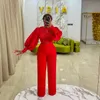 Red Plus Size Jumpsuits Prom Dresses Lace stain Long Sleeve African Women Formal Evening Gowns with Pant Suits