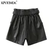 KPYTOMOA Kvinnor Chic Mode med Bälte Faux Läder Shorts Vintage Hög Midja Zipper Fly Fickor Kvinna Kort Byxor Mujer 210724