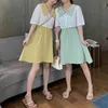 Yellow Green Pink Lace Hollow Out Peter Pan Collar Short Sleeve A Line Mini Dress Elegant Summer Two-piece Set D1687 210514