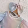 Korean Fashion Girls Rainbow Dress Shiny Sequin Puff Sleeve Princess for Children Kids Ins Boutique Clothing Lot 210529