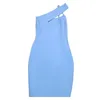 Summer Sukienka Sukienka Bandaż Sexy Eleganckie Light Blue One One Shoulder Diagonal Collar Celebrity Start Party Mini Dress 210625