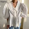 ヘビーワークレースフックフラワーブラウス女性ピーターパンカラー半袖オールオールドブラザーズ夏の緩いシャツFemme 210422