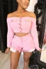 Women's Tracksuits Wholesale 2022 One-shoulder Long-sleeved Suit With Denim Fringed Shorts Women 2 Piece Set Clothing FM-S3448