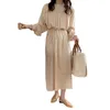 Lente zomer mode elegante zachte temperament jurk veter-up lange mouwen katoenen comfortabele vrouw 210615