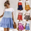 Zomer vintage mini casual jurken voor vrouwen kleur blok losse jurk dames gesneden en naaien Ruffle zoom Smock jurk vestido 210514