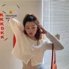 Stile coreano O-Collo Maglioni lavorati a maglia corti Donna Cardigan sottile Moda Manica Protezione solare Crop Top Ropa Mujer 210806