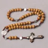 Wholesale Wooden Rosary Beads Necklace For Women Men Catholic Saint Benedict of Nursia Cross Pendant Rosarius Jewelry Amulet